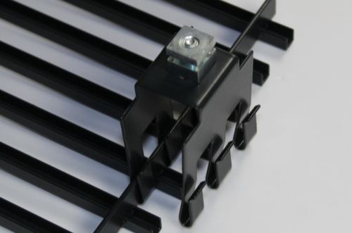 Snap-in mounting clip for two Aluminium wedge wire ceiling panels Snap-in mounting clip for two Aluminium wedge wire ceiling panels